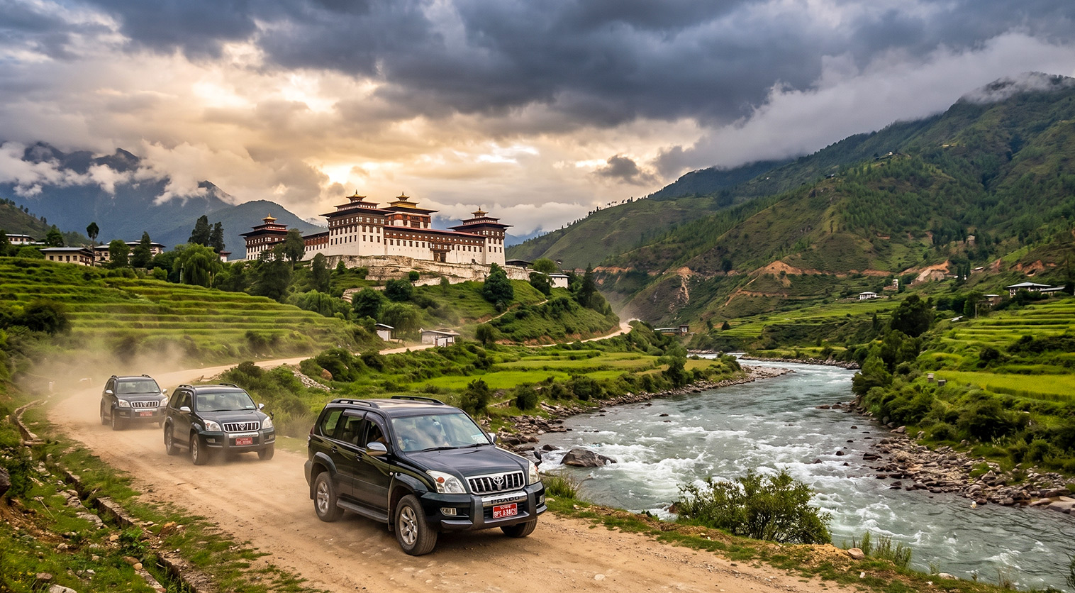 SUV convoy driving through Bhutan's scenic valleys with mountain views.