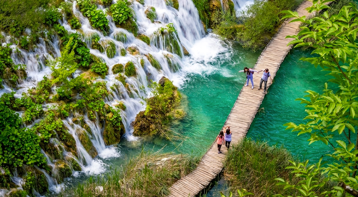 Wooden walkway through the turquoise waterfalls of Plitvice Lakes National Park, Croatia.