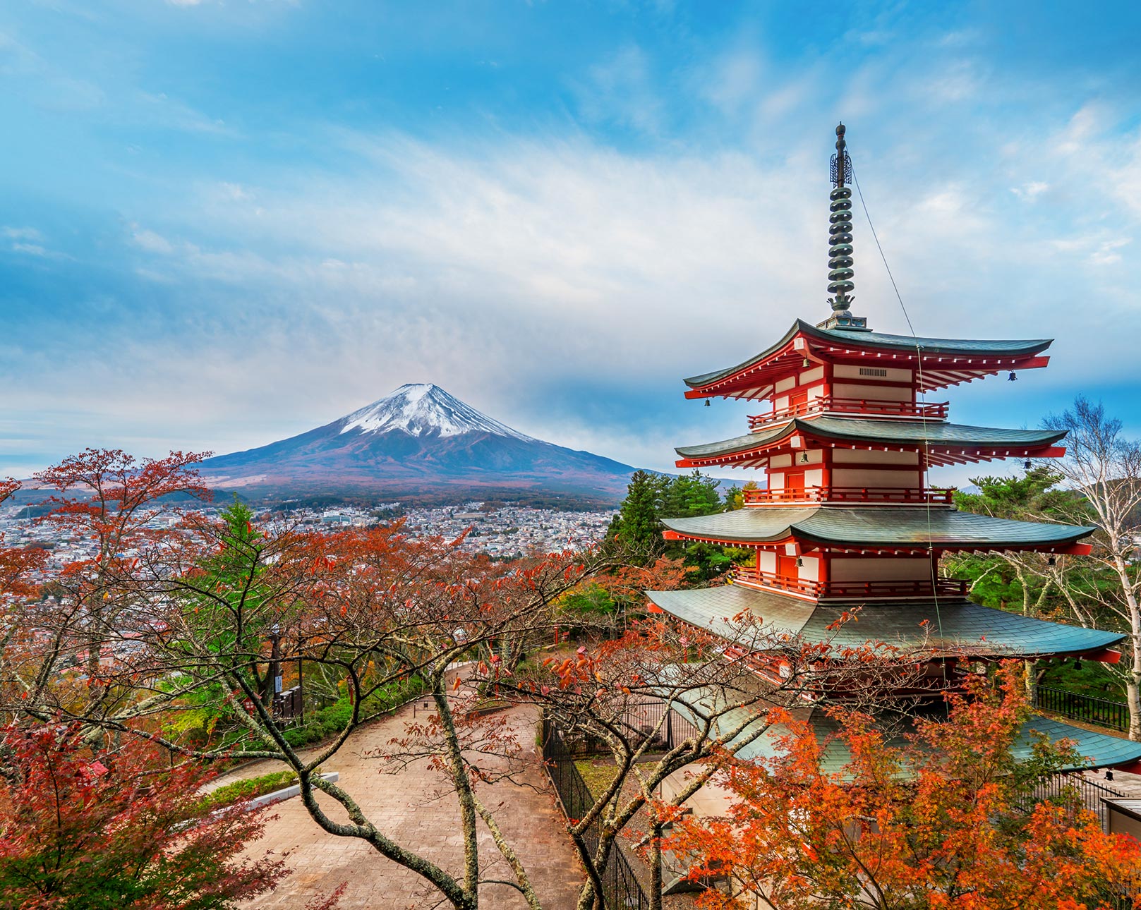 Chureito Pagoda overlooking Mount Fuji during autumn in Japan.