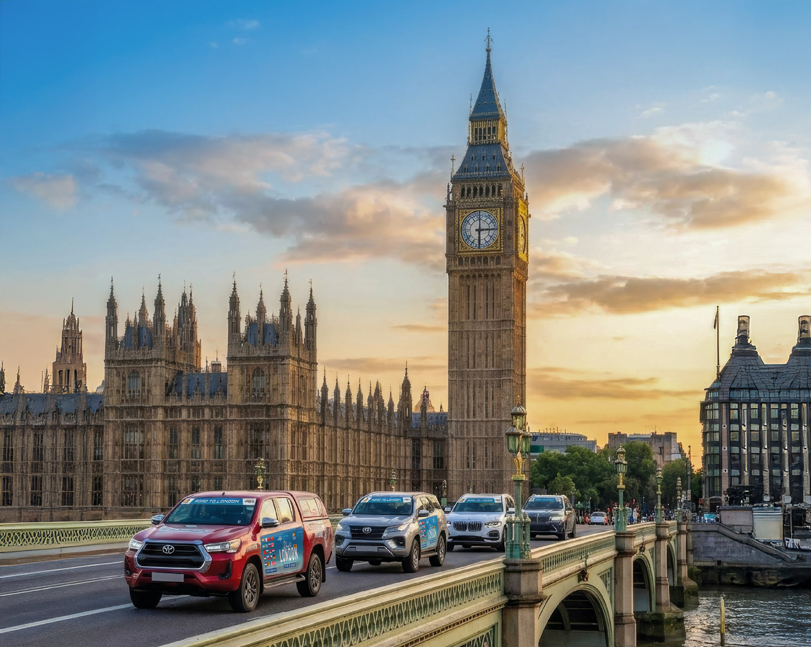 The Road to London convoy crossing Westminster Bridge