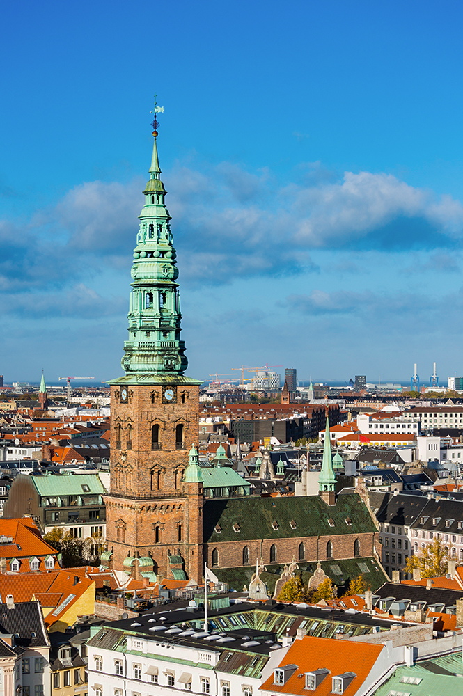 Historic skyline of Copenhagen featuring the Church of Our Saviour, Denmark.
