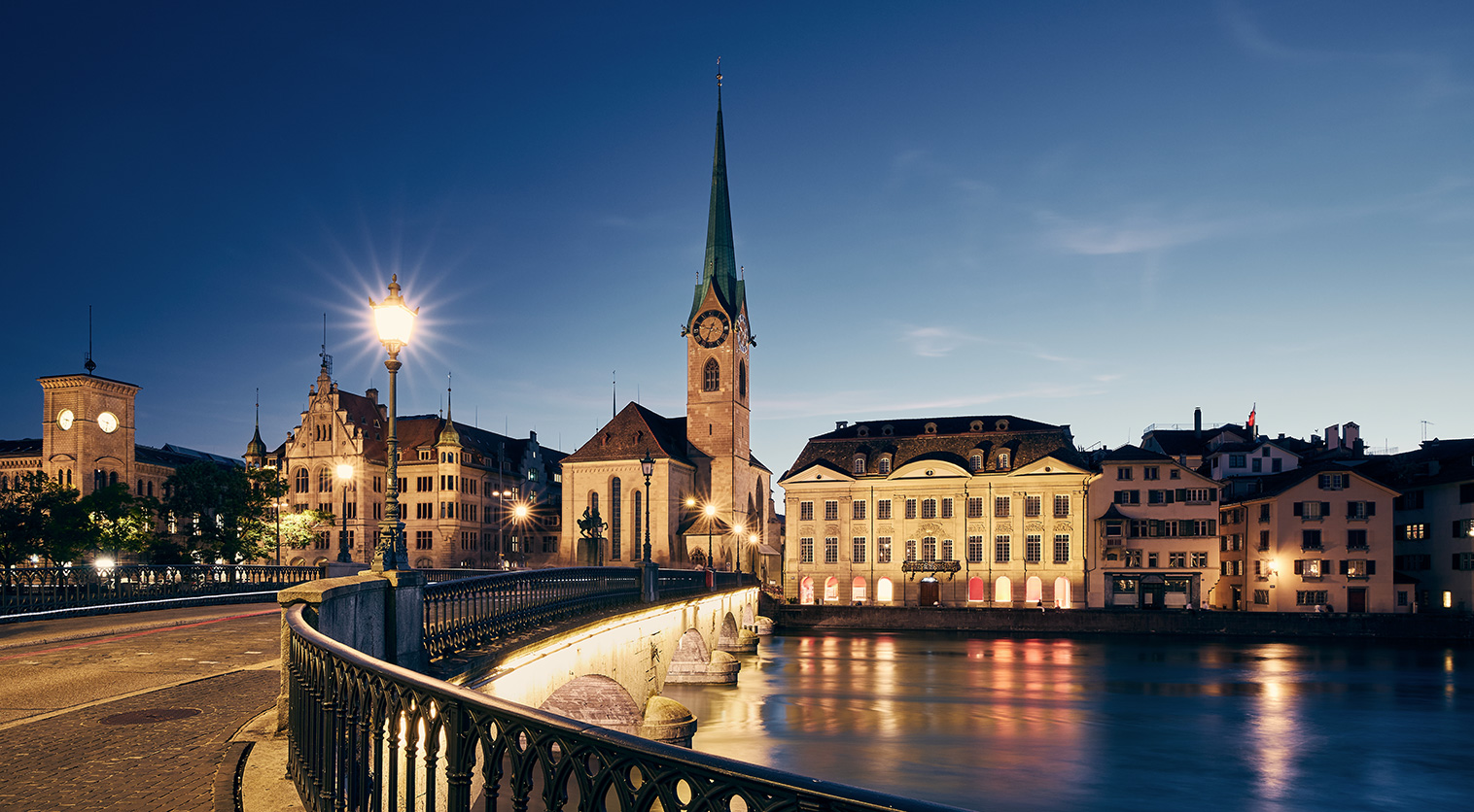 Beautiful evening view of Zurich's Old Town and Limmat River, Switzerland.
