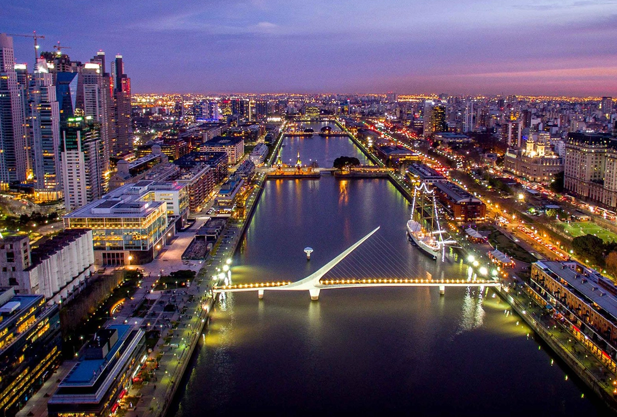 Buenos Aires skyline and Puerto Madero at night, Argentina.