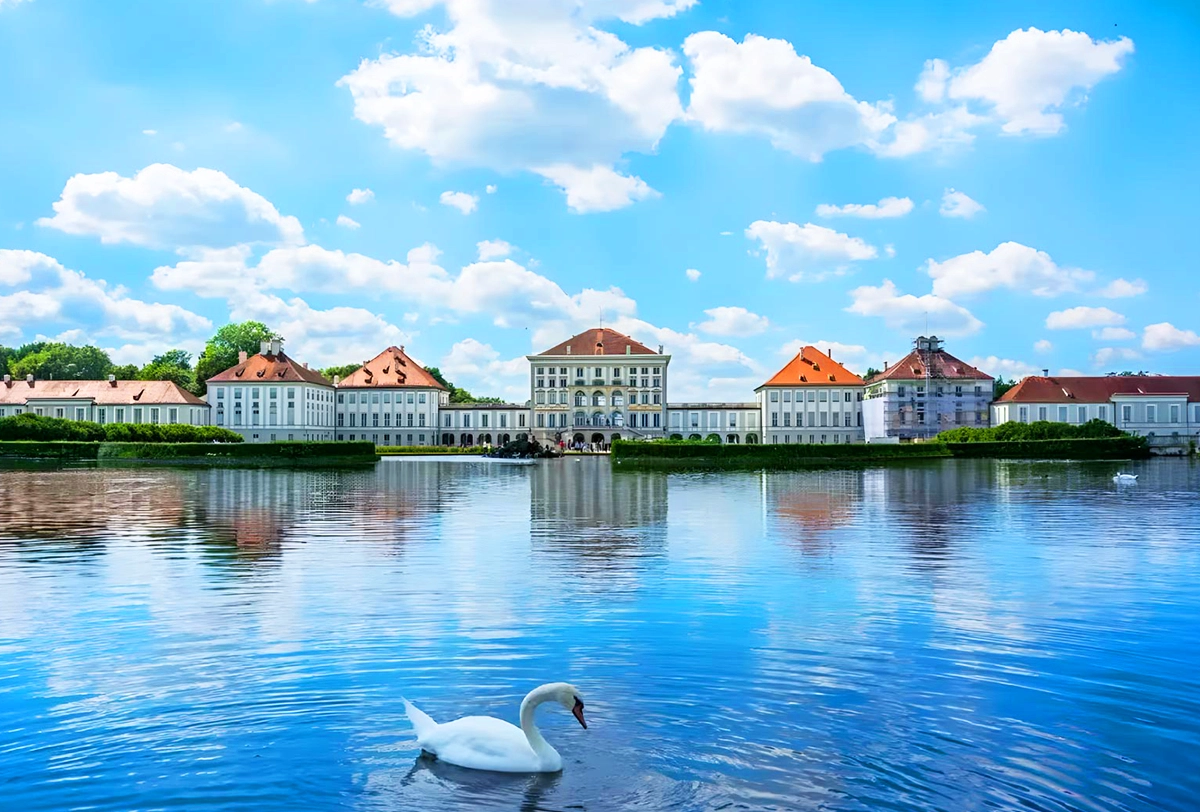 chloss Nymphenburg overlooking the lake in Munich, Germany.