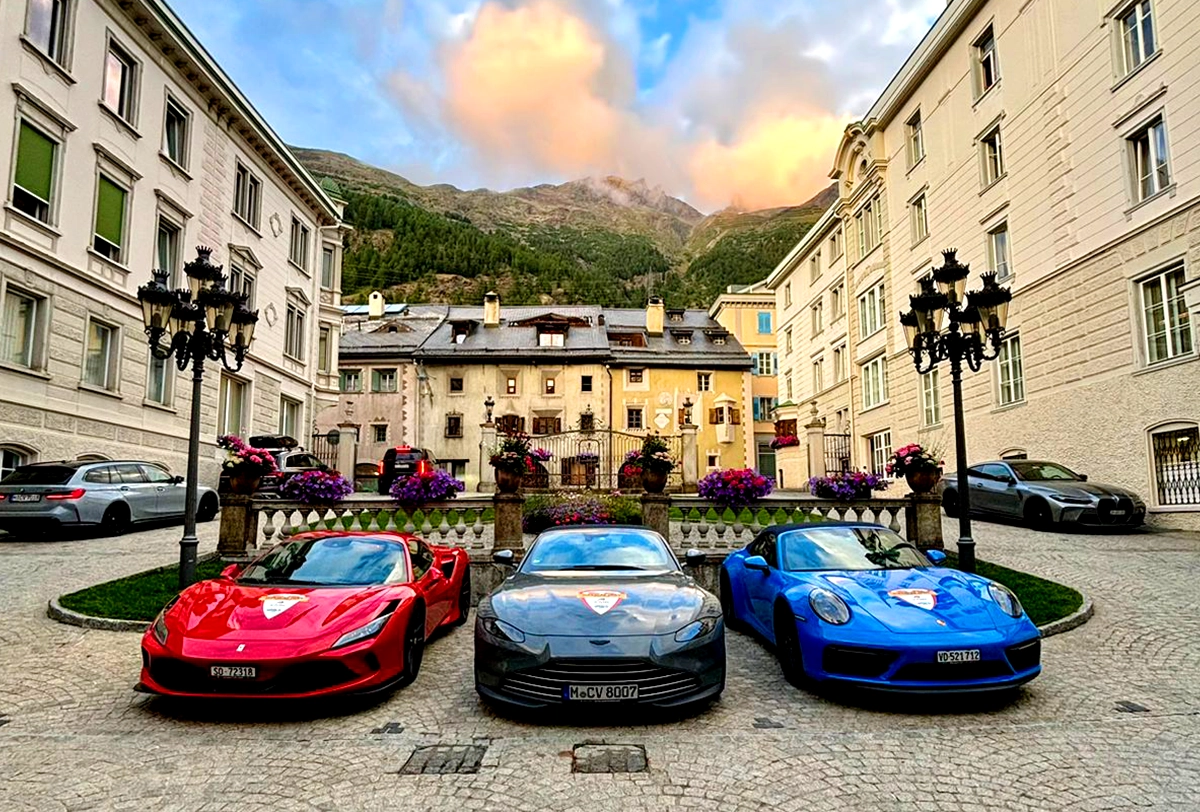 Luxury supercars in the scenic Dolomites, Italy.
