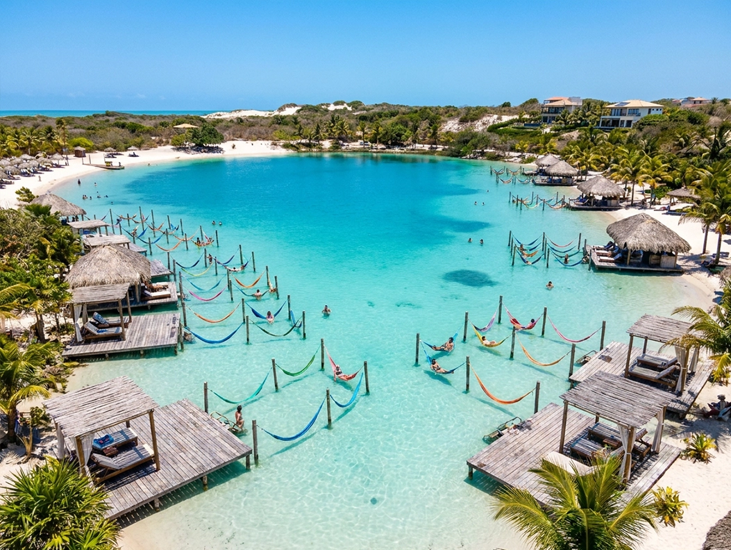 Turquoise waters and over-water hammocks at Jericoacoara's Alchymist Lagoon Club